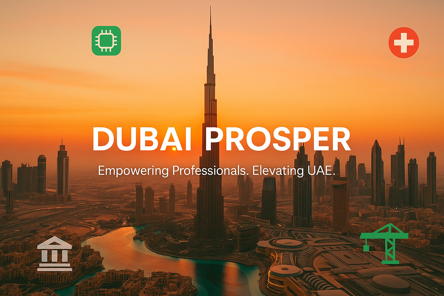 Dubai skyline at sunset with Burj Khalifa in the center, industry icons representing tech, healthcare, finance, and construction, and overlay text reading 'Dubai Prosper – Empowering Professionals. Elevating UAE.' with UAE flag colors integrated."